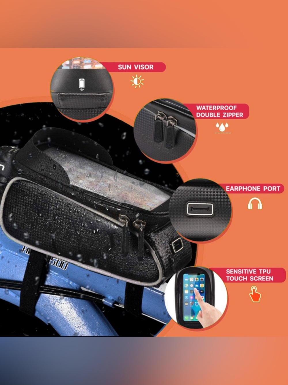 NWT Waterproof Black Bike Top Tube Bag with Touchscreen Phone Pocket
